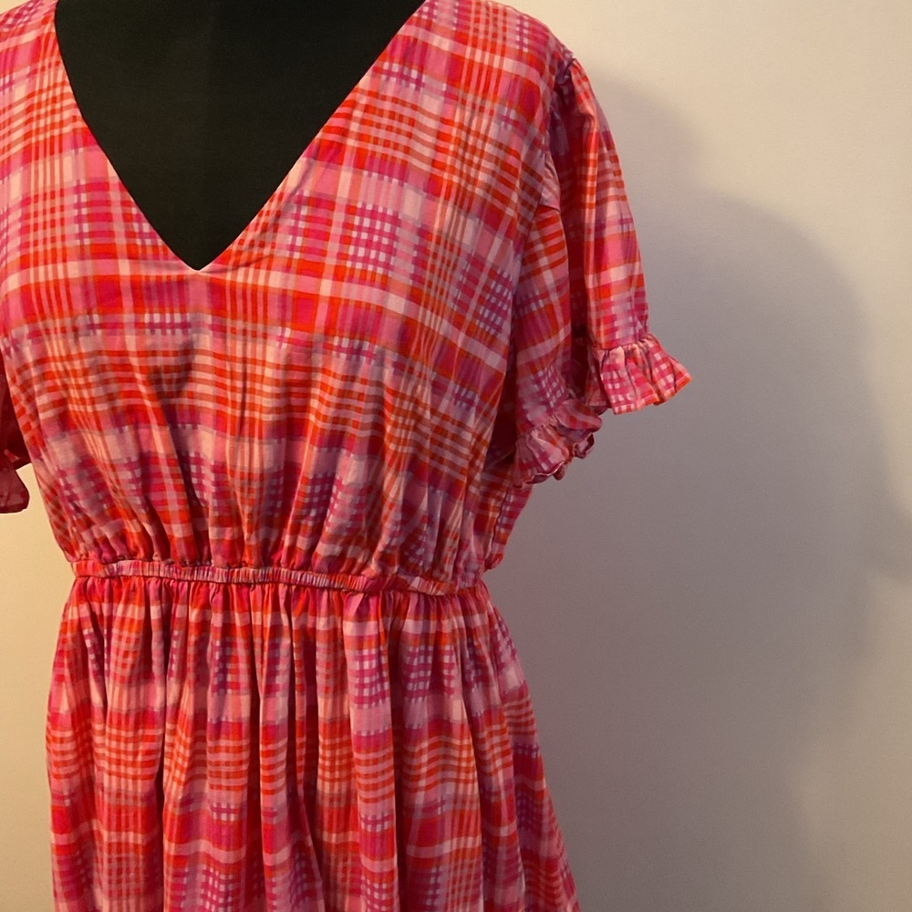 Terra & Sky Pink Plaid Ruffle Dress V-Neck Short Sleeve Plus Size 1X - Picture 7 of 11